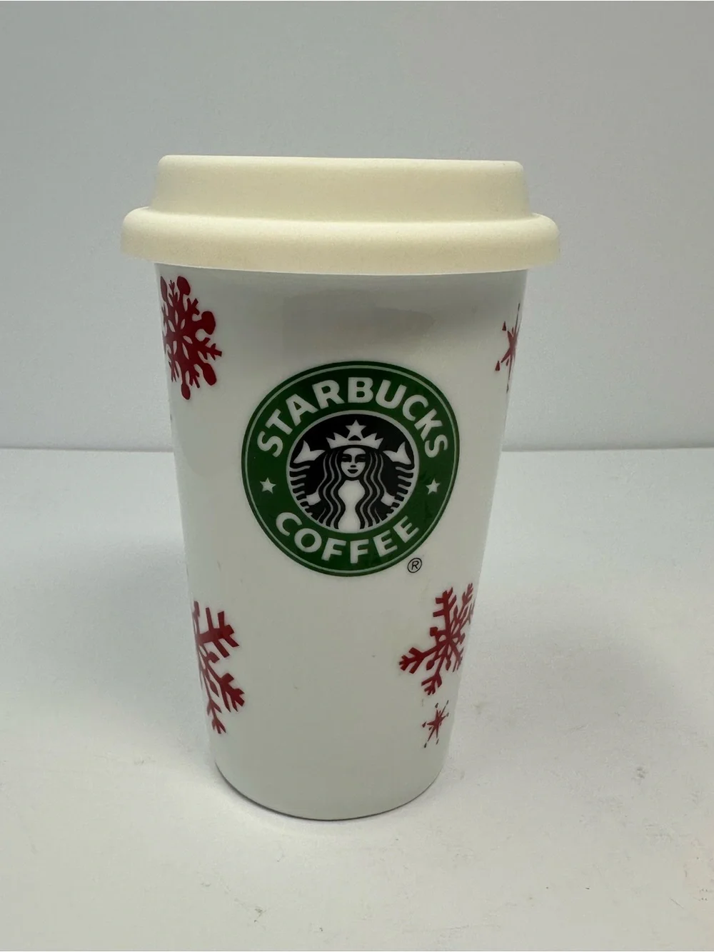 Starbucks Tumbler Holiday 12oz Ceramic 2010 Red‎ Snowflakes Christmas Mug A1